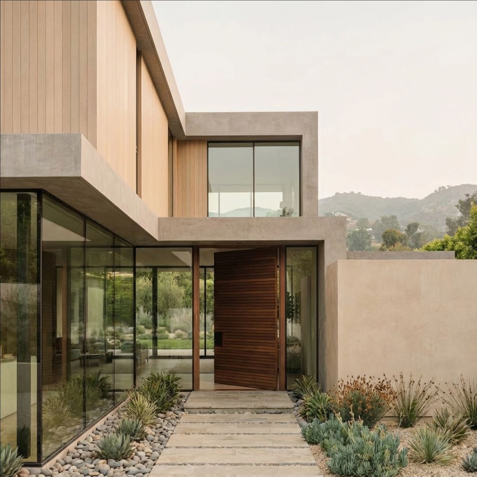 Custom-designed hillside villa in the Santa Monica Mountains by Melchior King, featuring a pivoting walnut entry door, board-formed concrete, vertical wood cladding, floor-to-ceiling steel-framed glass, and drought-tolerant native landscaping.