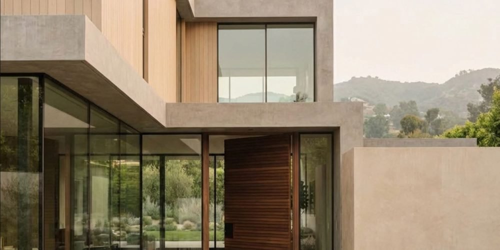Custom-designed hillside villa in the Santa Monica Mountains by Melchior King, featuring a pivoting walnut entry door, board-formed concrete, vertical wood cladding, floor-to-ceiling steel-framed glass, and drought-tolerant native landscaping.